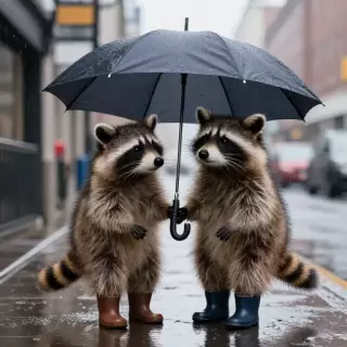 Raccoon Pair in Rain