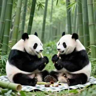 Panda Couple Bamboo Picnic