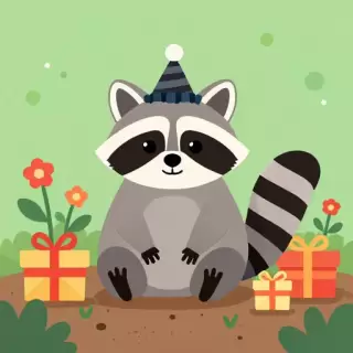 Vector Racoon in Gift Box Garden