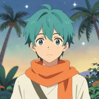 Teal-haired Southeast Asian Teen with Orange Scarf