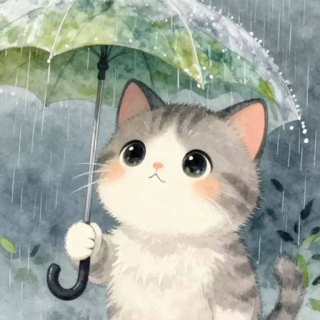 Kitten with Umbrella in Rain