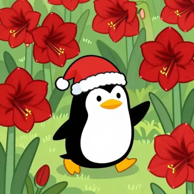 Vector Penguin among Amaryllis