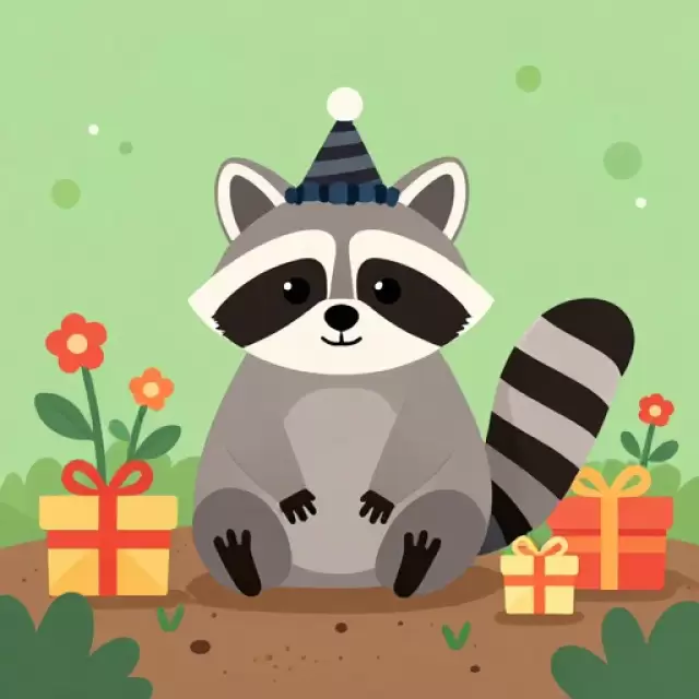 Vector Racoon in Gift Box Garden