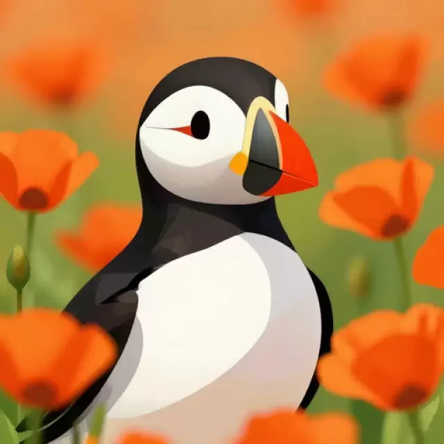 Vector Puffin in Iceland Poppy Field