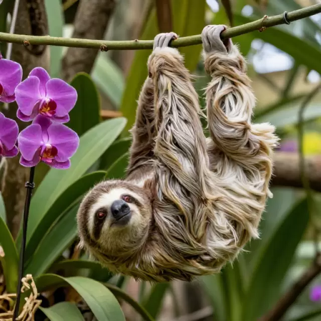 Vector Sloth on Christmas Orchid Vine