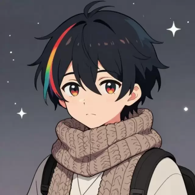 Rainbow-streaked Genderfluid Teen with Knitted Scarf